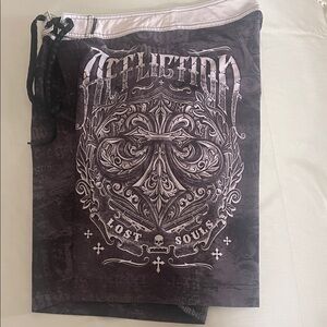 Like New! Affliction Black and White Ornate Crest Board Shorts Size 32